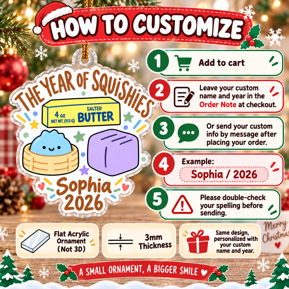 Infographic explaining how to customize the squishy ornament with name and year.