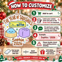 Infographic explaining how to customize the squishy ornament with name and year.