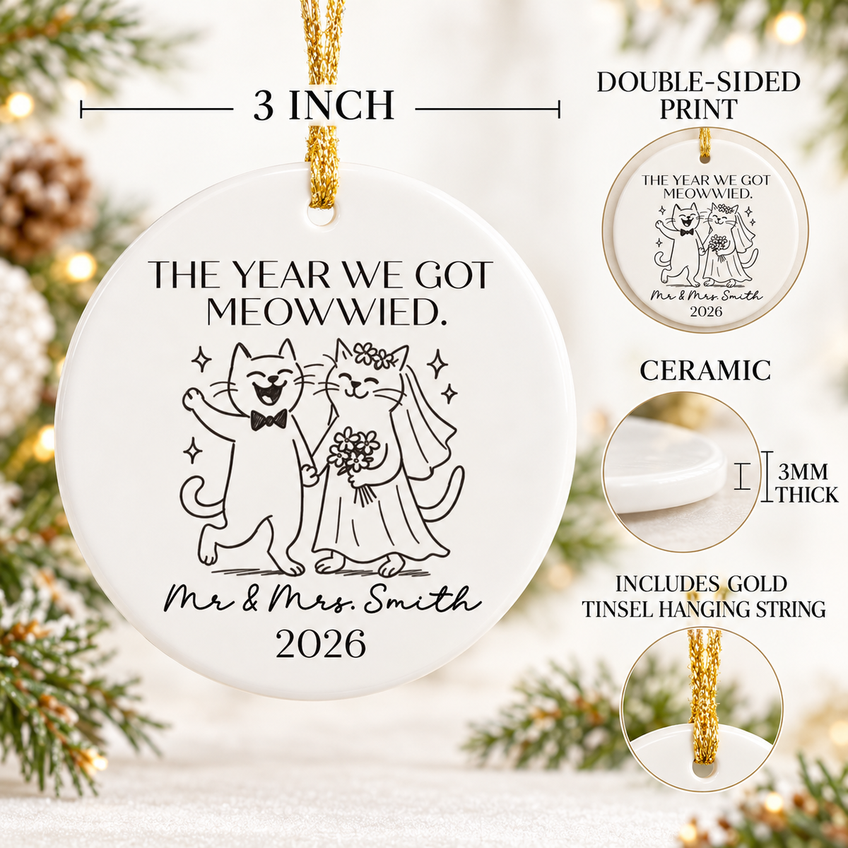 Product features graphic highlighting the 3-inch size, double-sided print, and thickness.