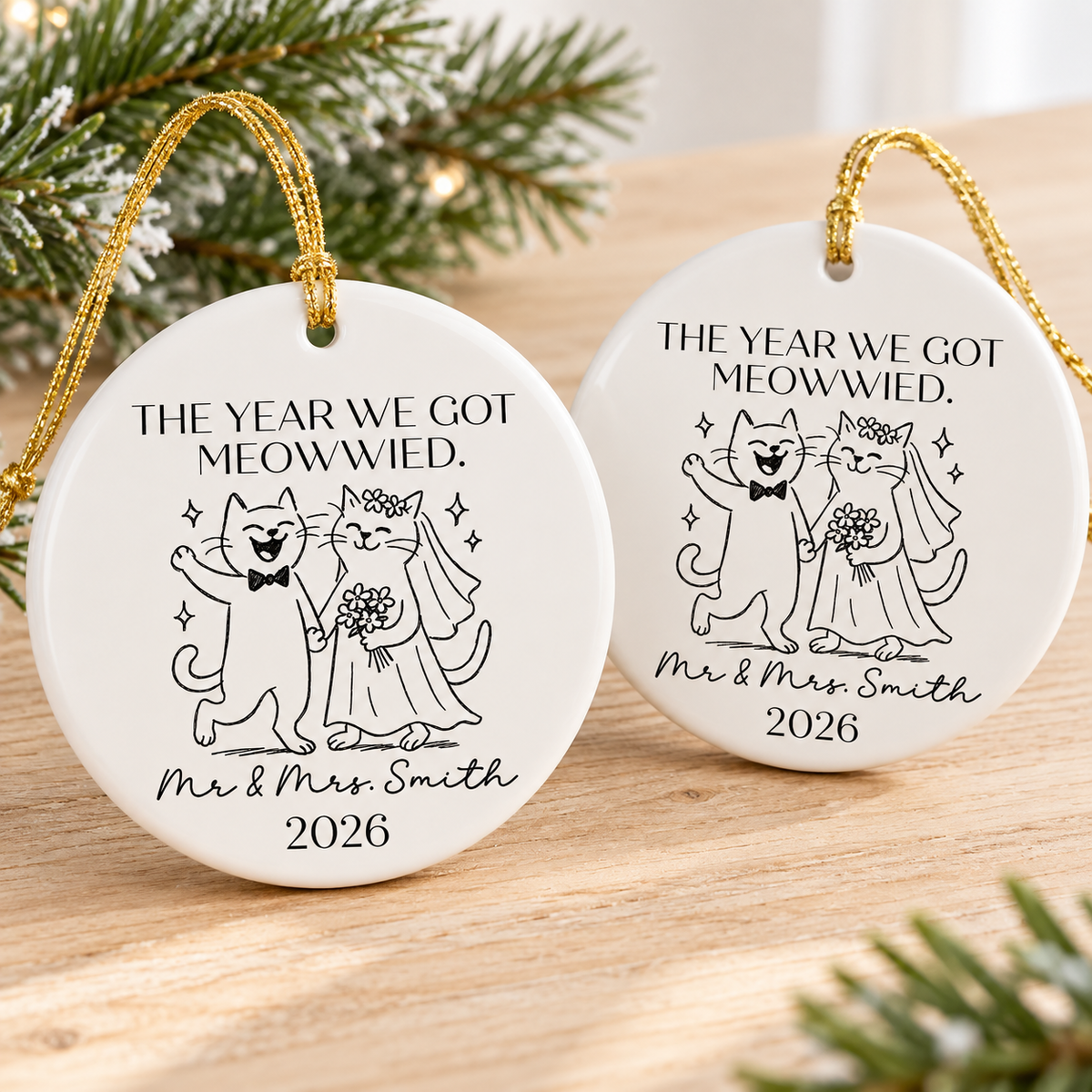 Two personalized cat wedding ornaments resting side by side on a wooden surface.