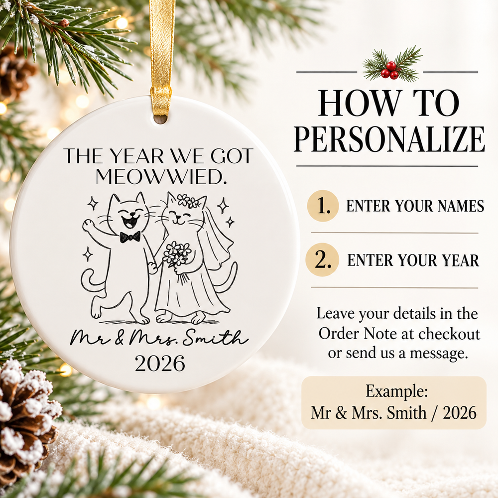 Instruction guide showing how to personalize the cat wedding ornament with names and year.