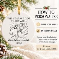 Instruction guide showing how to personalize the cat wedding ornament with names and year.