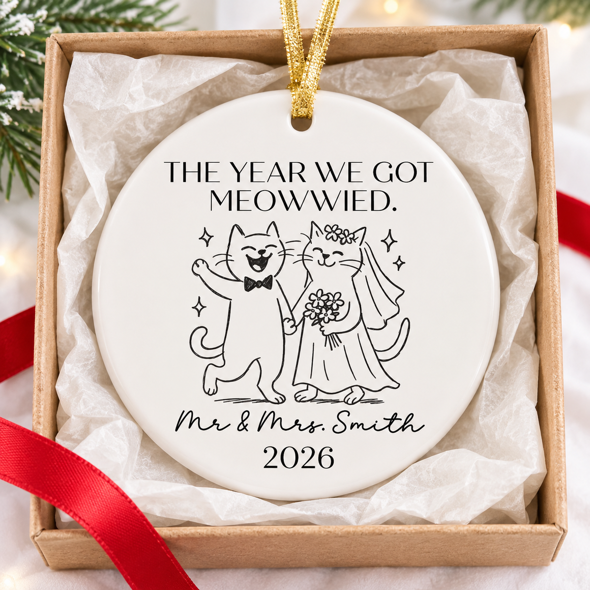 Round cat wedding ornament displayed inside an open gift box lined with tissue paper.