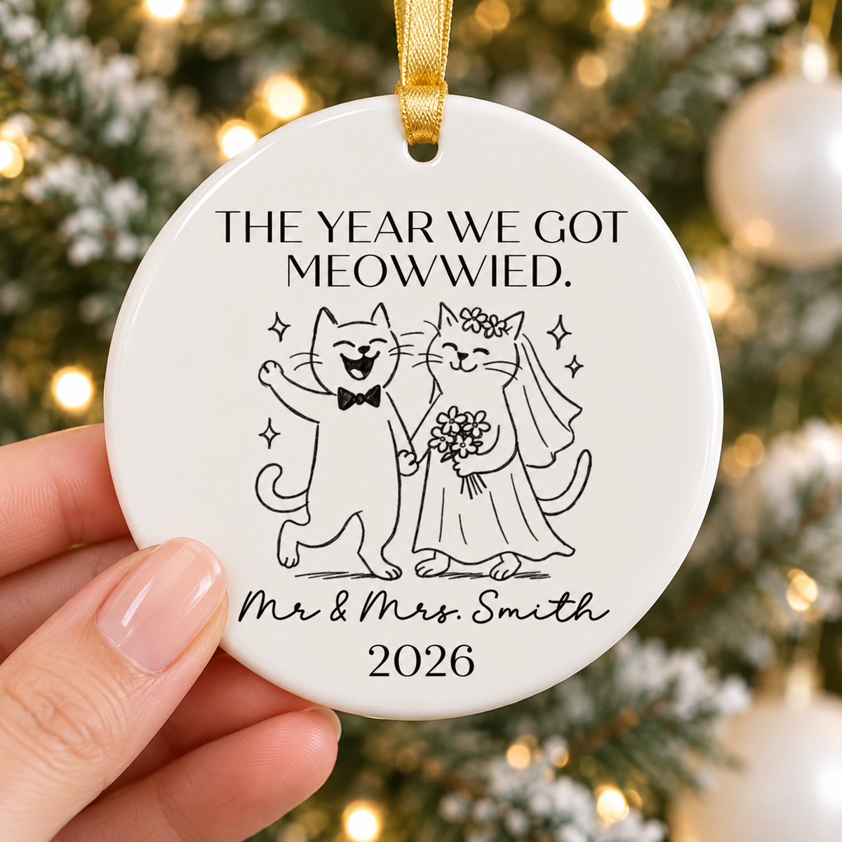 Hand holding the personalized ceramic cat wedding ornament against a tree background.