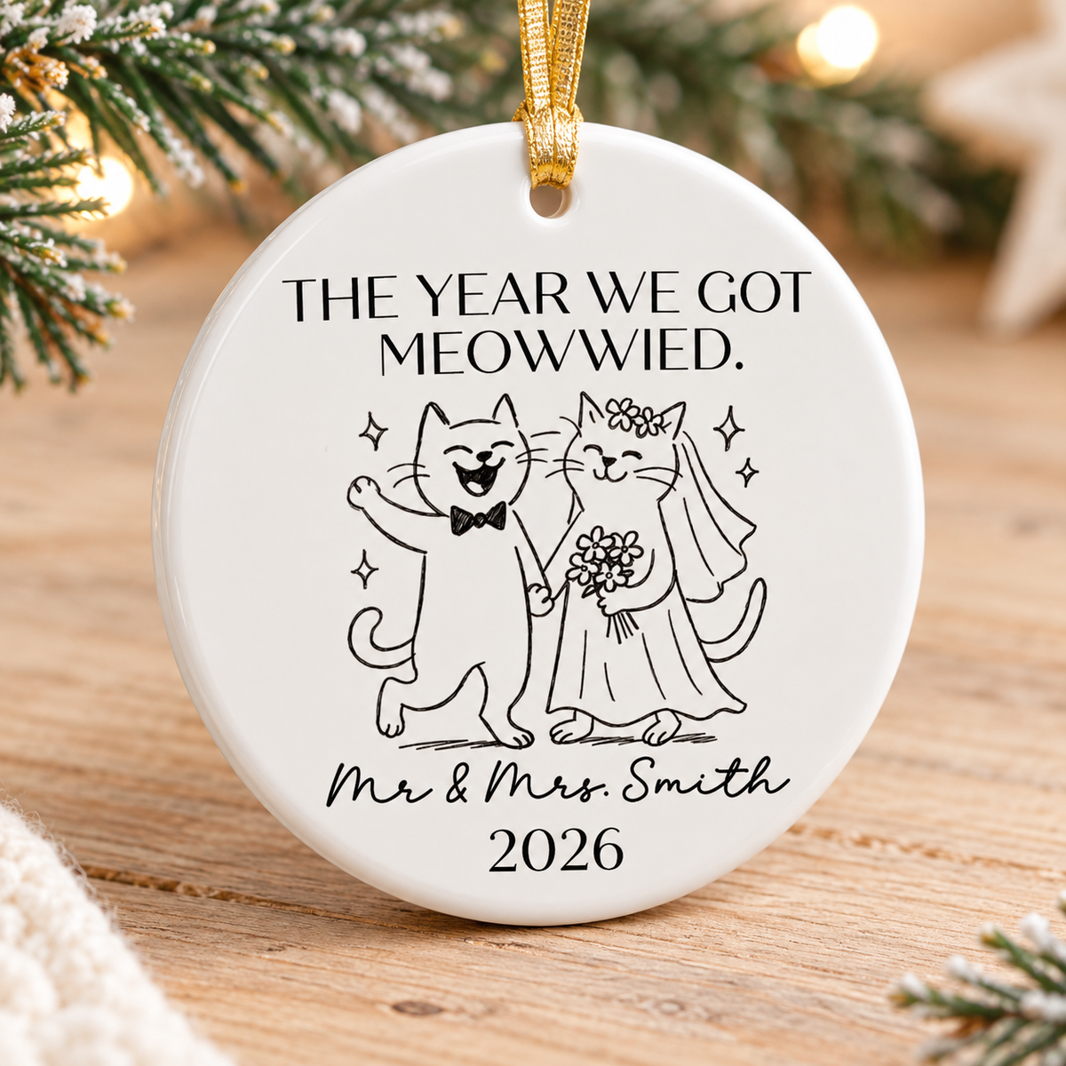 Cat wedding ornament standing upright on a wooden table near pine needles.