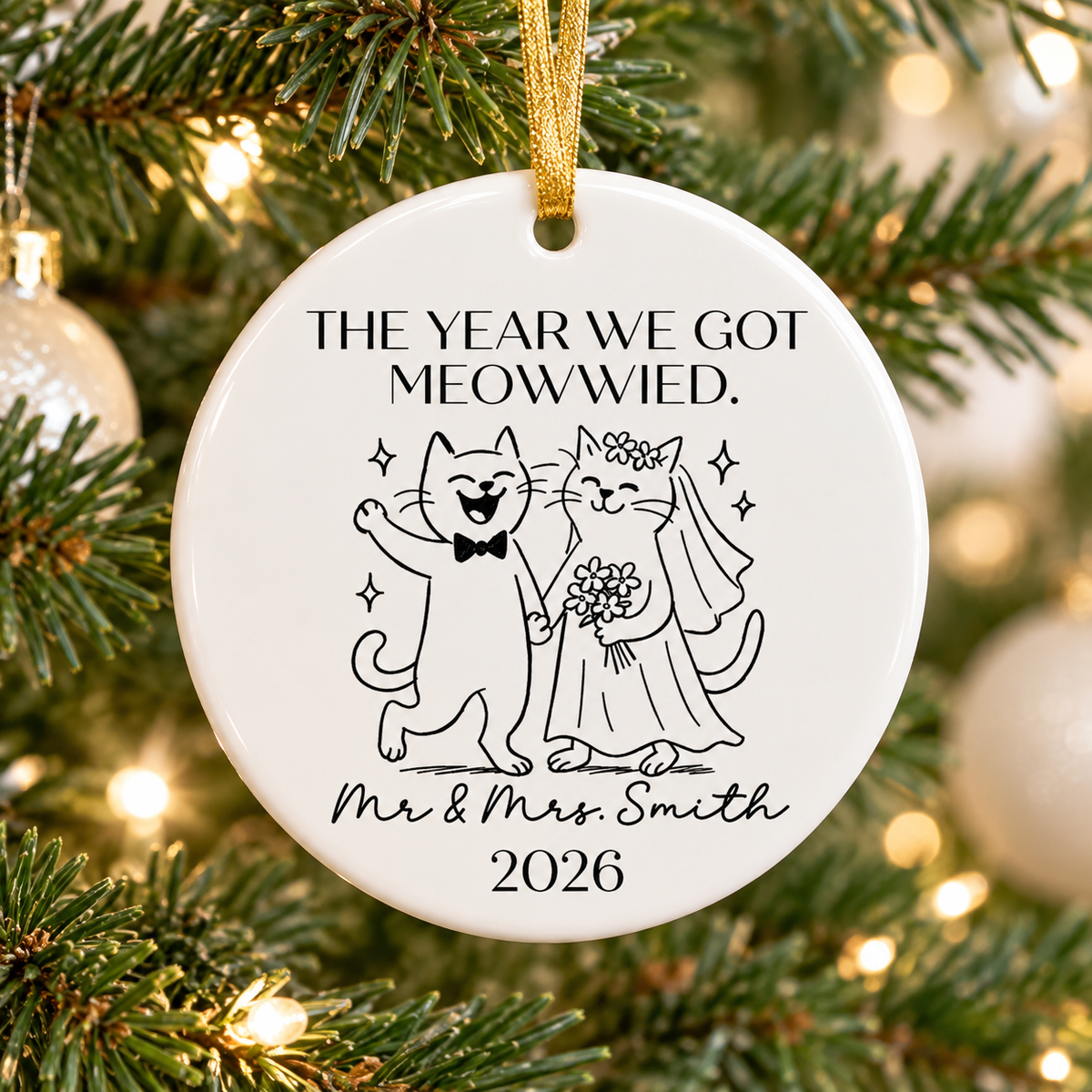 Cat wedding ornament in white ceramic hanging on a lit Christmas tree with a gold ribbon.