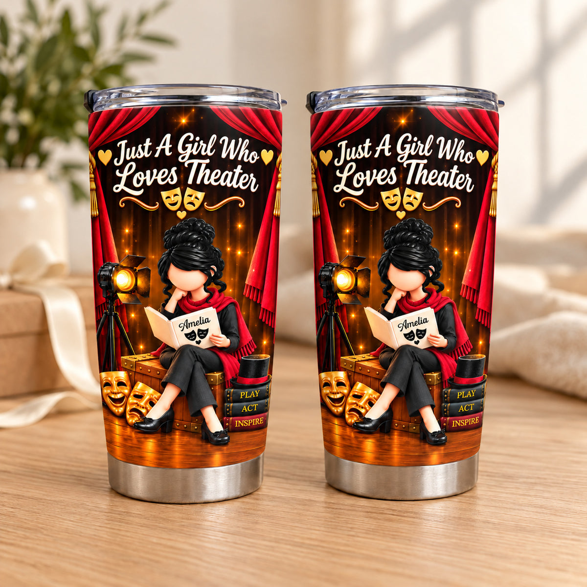 Personalized Theater Girl Tumbler Custom Hair Skin Color Name Gift - main product view