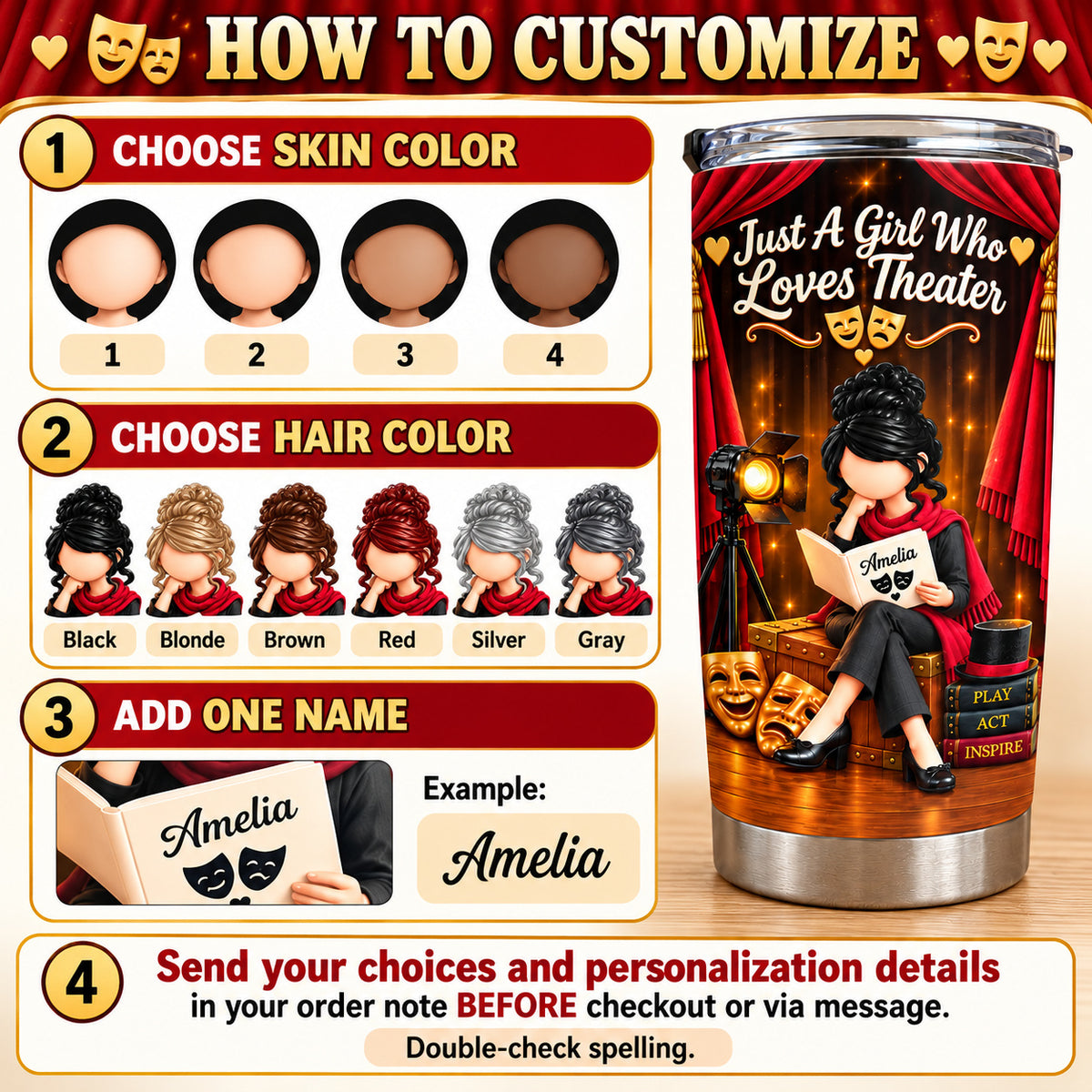 Personalized Theater Girl Tumbler Custom Hair Skin Color Name Gift - personalization options and ordering guide