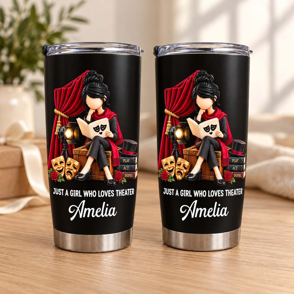 Personalized Theater Girl Tumbler Custom Name Drama Lover Gift - main design