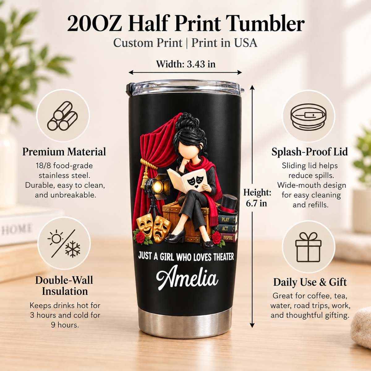 Personalized Theater Girl Tumbler Custom Name Drama Lover Gift - product view 8