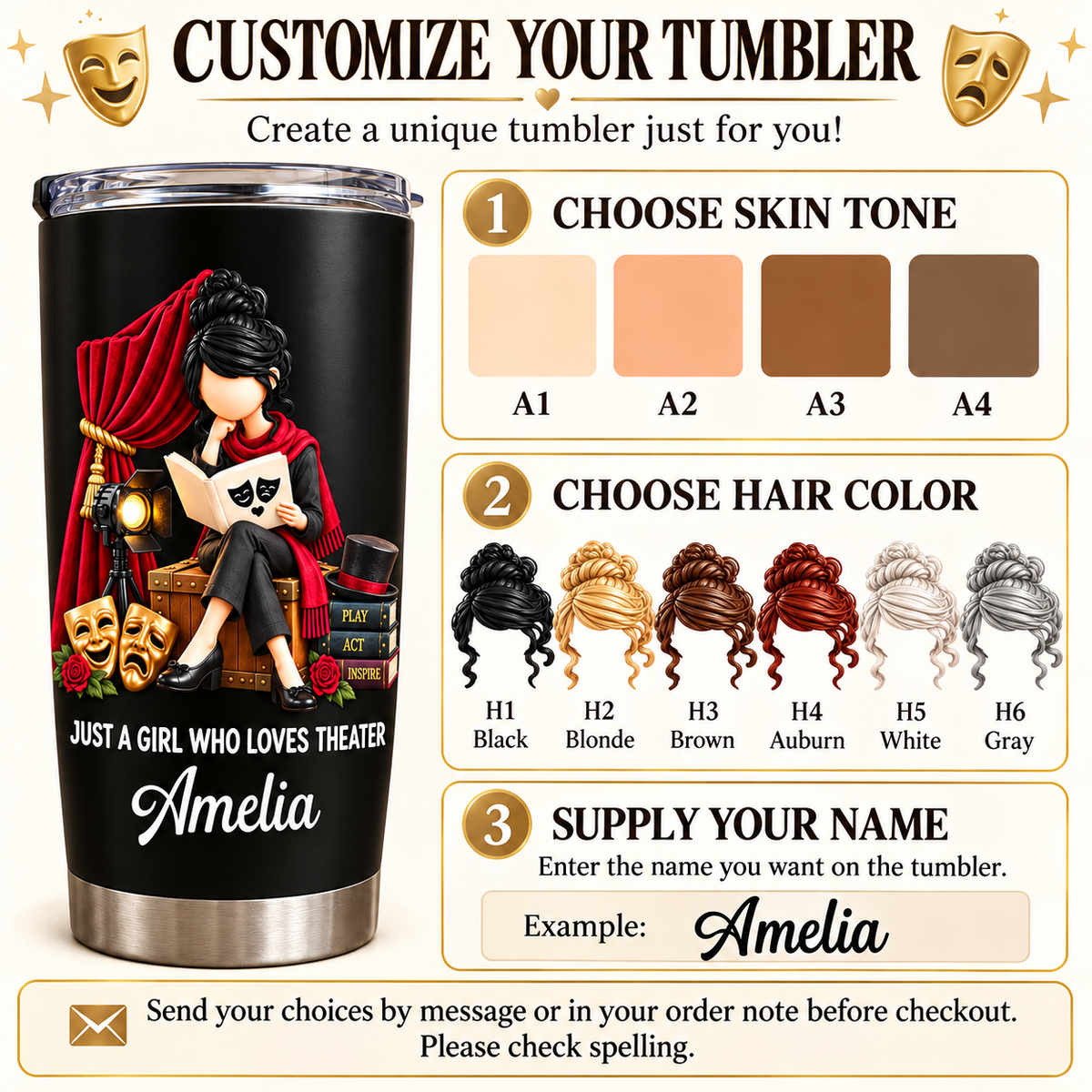 Personalized Theater Girl Tumbler Custom Name Drama Lover Gift - personalization options and ordering guide