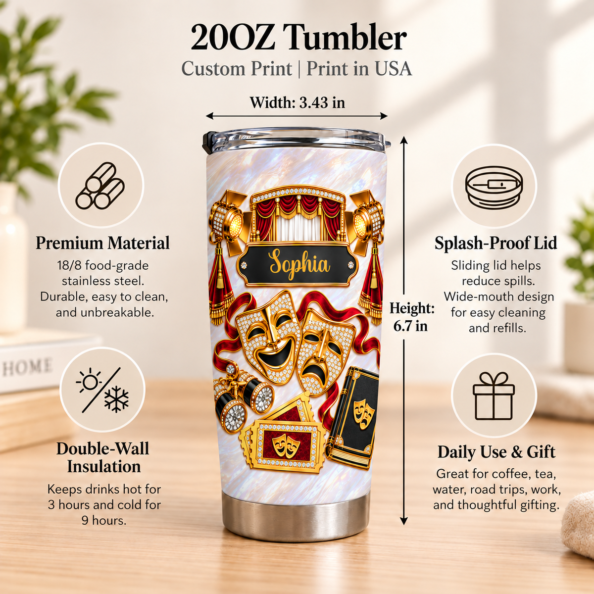 Personalized Theater Stage Tumbler Custom Name Drama Lover Gift - product view 9