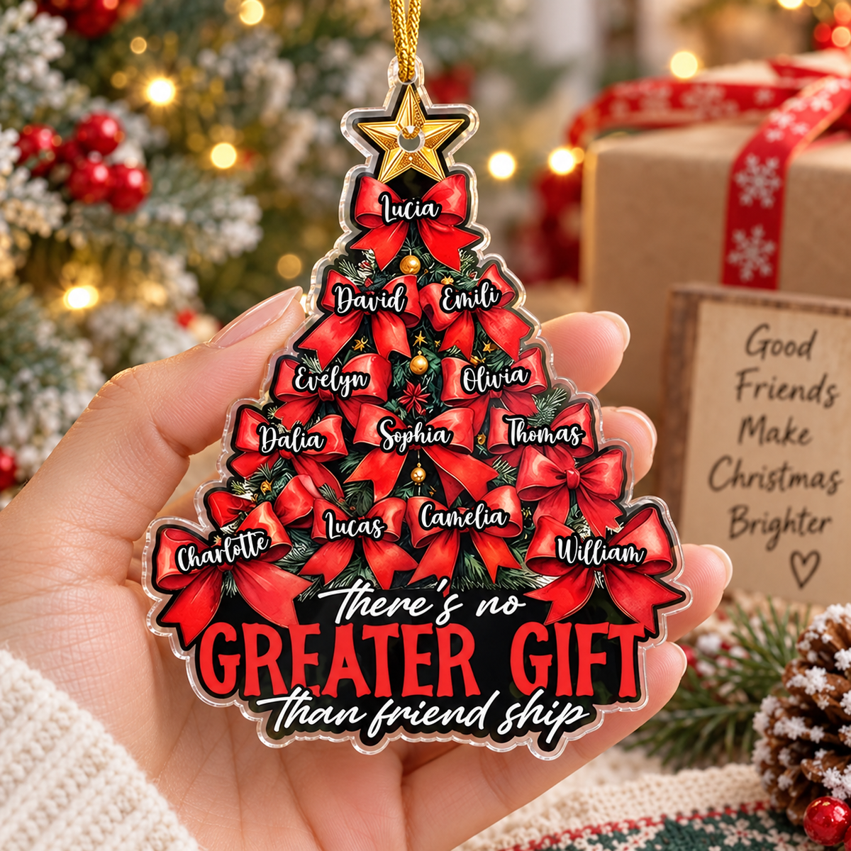 There's No Greater Gift Friendship Ornament Personalized Christmas Tree Decoration for Best Friends on a hanger, ready to ship from Austin, Texas