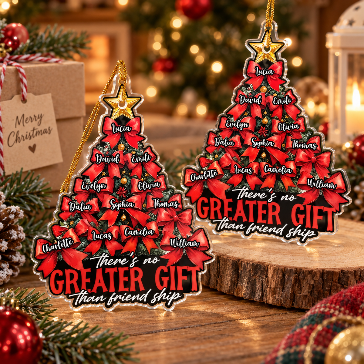 Customer in Austin, Texas wearing There's No Greater Gift Friendship Ornament Personalized Christmas Tree Decoration for Best Friends