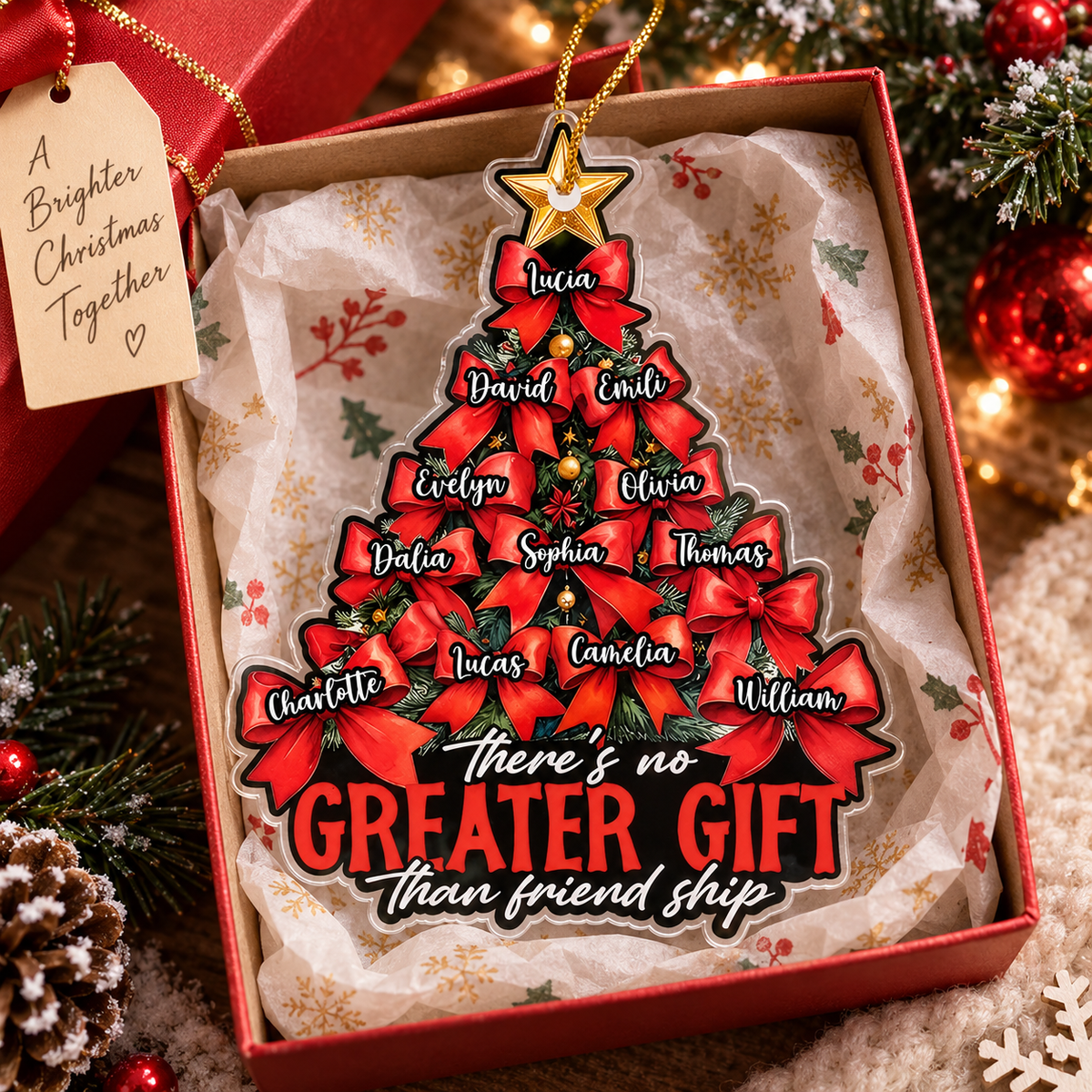 Close-up of There's No Greater Gift Friendship Ornament Personalized Christmas Tree Decoration for Best Friends for streetwear fans in Austin, Texas