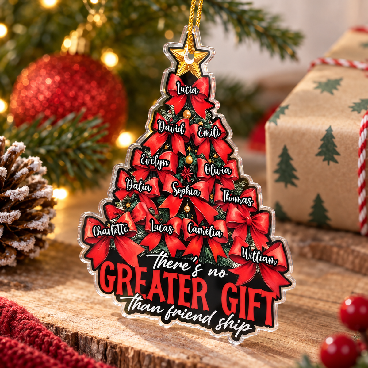 Customer in Austin, Texas wearing There's No Greater Gift Friendship Ornament Personalized Christmas Tree Decoration for Best Friends
