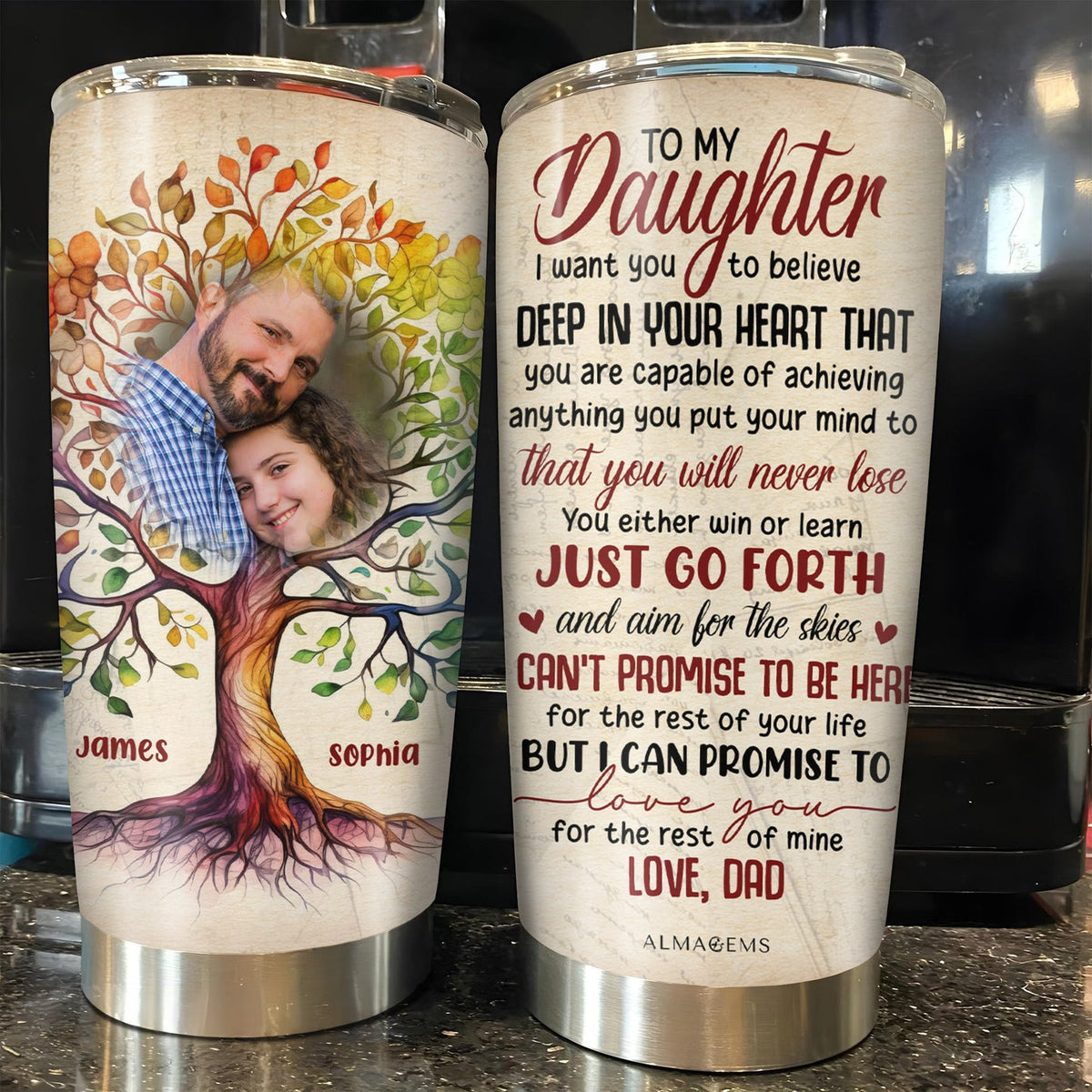 Close-up of To My Daughter I Want You To Believe Tumbler, Personalized Dad To Daughter Gift, Custom Name Tree Of for streetwear fans in Austin, Texas