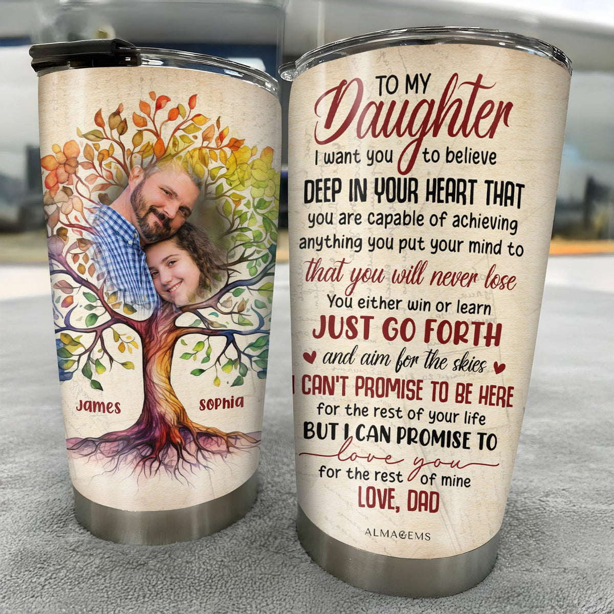 Customer in Austin, Texas wearing To My Daughter I Want You To Believe Tumbler, Personalized Dad To Daughter Gift, Custom Name Tree Of