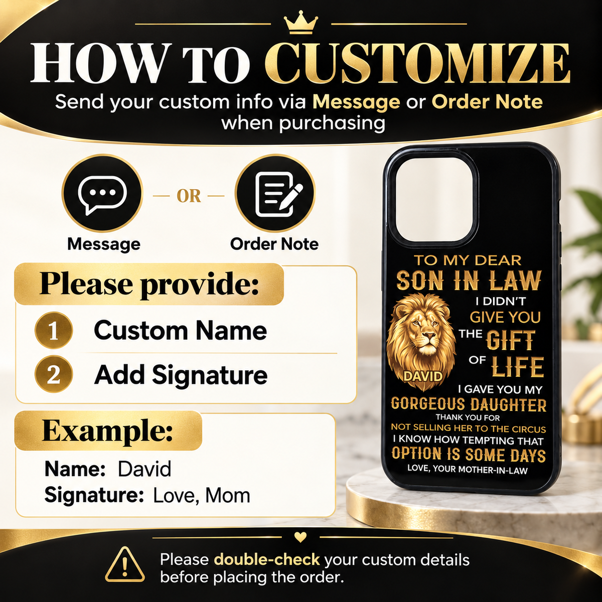 Instructional graphic showing how to customize the black tough iPhone case with a custom name and signature.