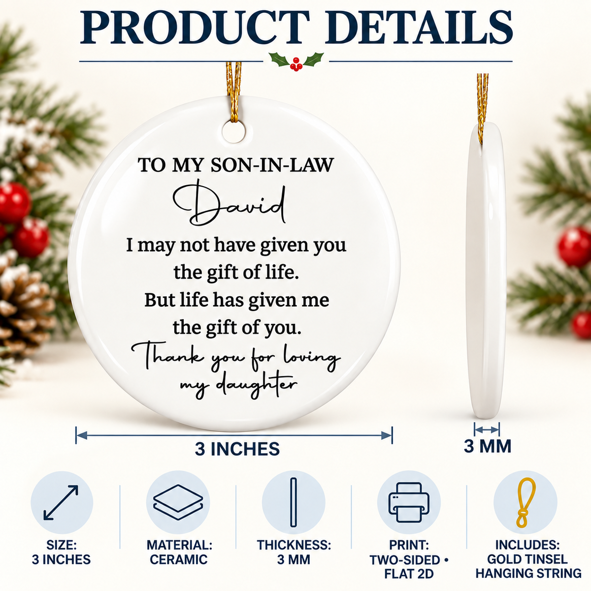 Product detail graphic showing front and side views of the 3-inch ceramic ornament with sizing specs.