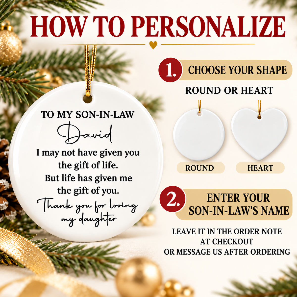 How to personalize graphic demonstrating round and heart ornament shapes and custom name instructions.