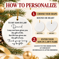 How to personalize graphic demonstrating round and heart ornament shapes and custom name instructions.