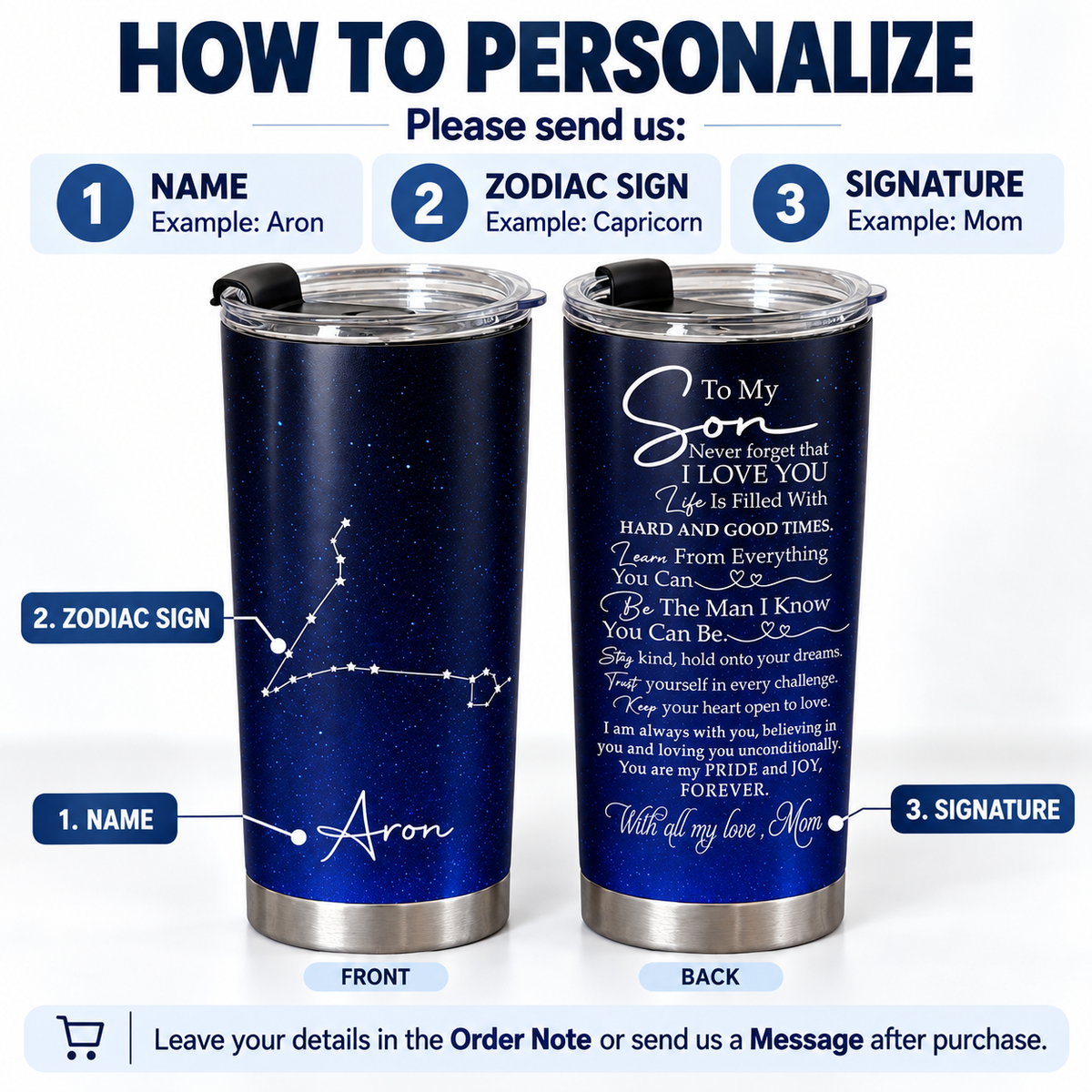 An instructional graphic showing how to personalize the stainless steel tumbler with a name, sign, and signature.