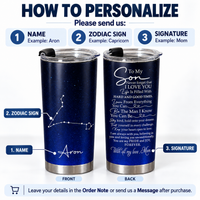 An instructional graphic showing how to personalize the stainless steel tumbler with a name, sign, and signature.