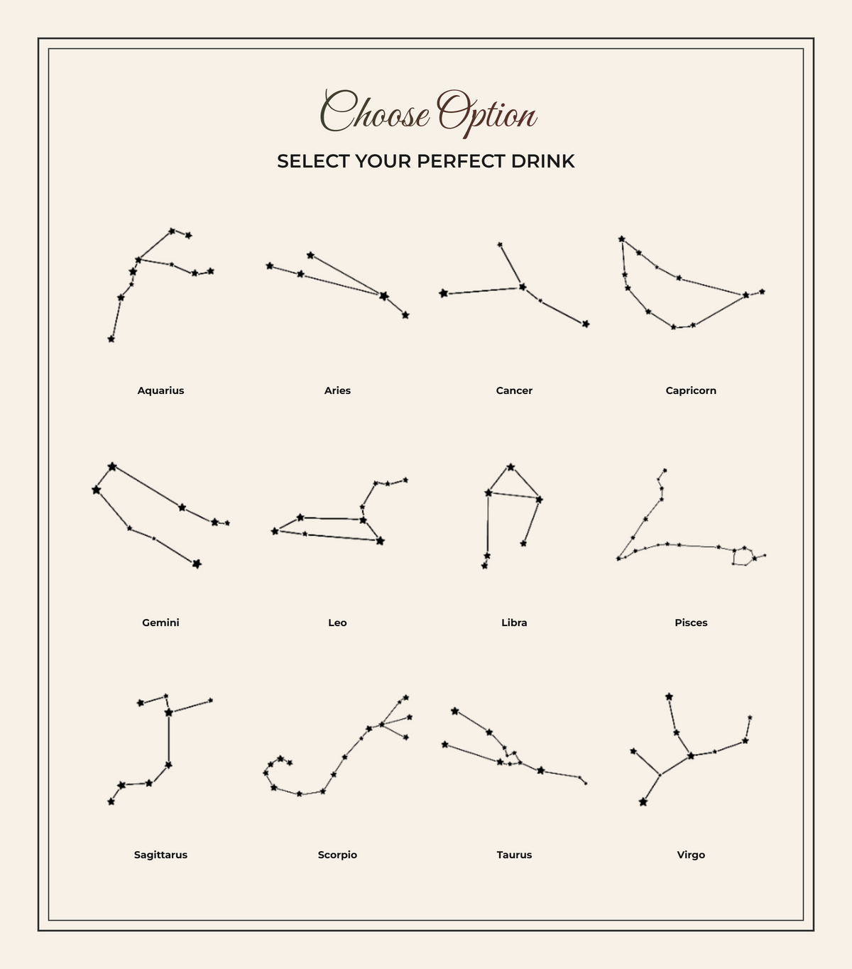 A personalization chart displaying twelve different star sign constellations to choose from for the tumbler.