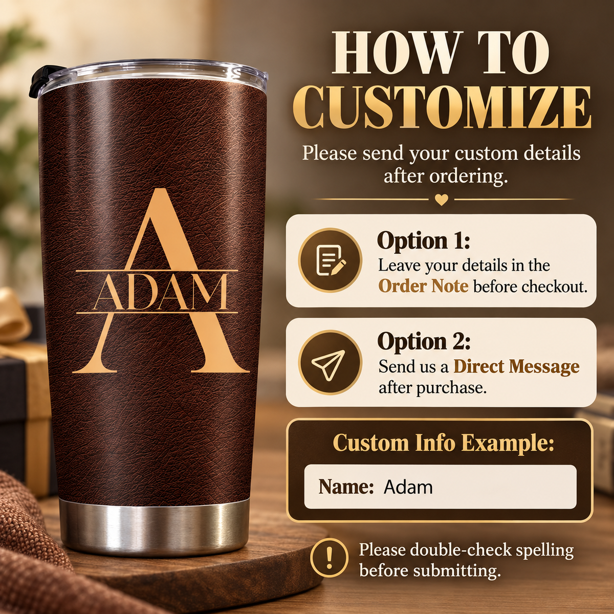 Customizable brown faux leather tumbler shown alongside a how-to-customize instructional graphic with text steps.
