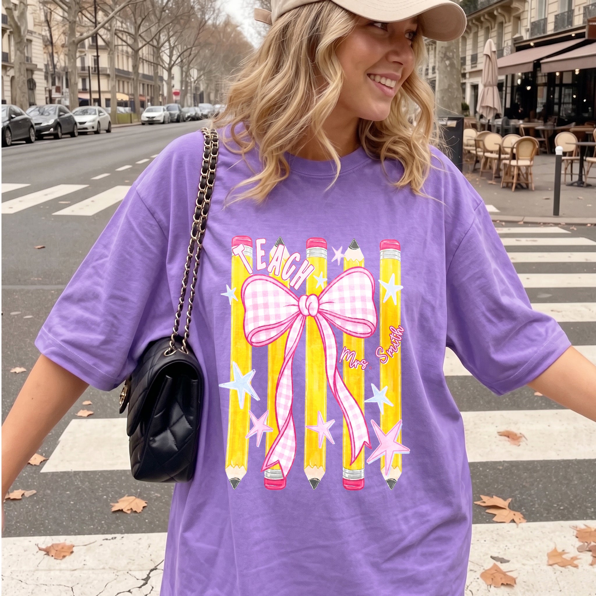 Bojjico Custom Teacher Shirt Oversized Tee For Teachers Coquette Preppy Aesthetic Mint Green Cotton Personalized Grade Pencil Bow Graphic Back To School First Day Teacher Appreciation Team Matching