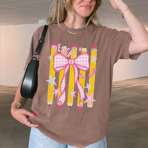 Bojjico Custom Teacher Shirt Oversized Tee For Teachers Coquette Preppy Aesthetic Mint Green Cotton Personalized Grade Pencil Bow Graphic Back To School First Day Teacher Appreciation Team Matching