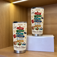 Two stainless steel travel cups featuring a vintage travel signpost design displayed on a wooden shelf next to a white box.
