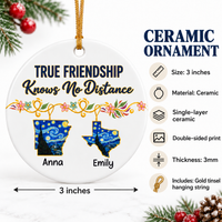 Ceramic ornament featuring two state map designs with specification labels showing 3 inch size and double-sided print.