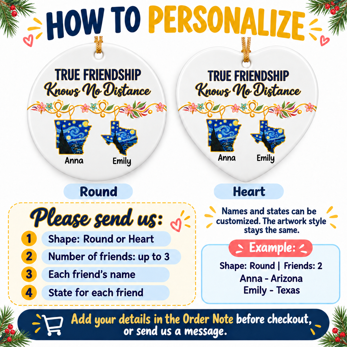 Infographic showing round and heart ceramic ornament shapes and personalization instructions for custom state map gifts.