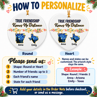 Infographic showing round and heart ceramic ornament shapes and personalization instructions for custom state map gifts.