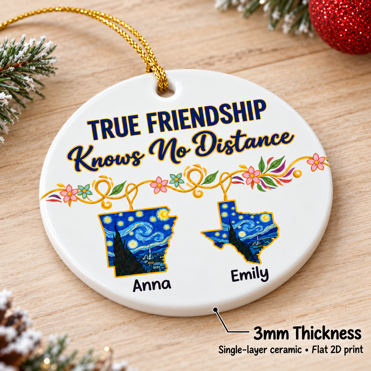Round white ceramic keepsake ornament on a wooden board with a pointing callout highlighting its 3mm thickness.