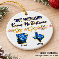 Round white ceramic keepsake ornament on a wooden board with a pointing callout highlighting its 3mm thickness.