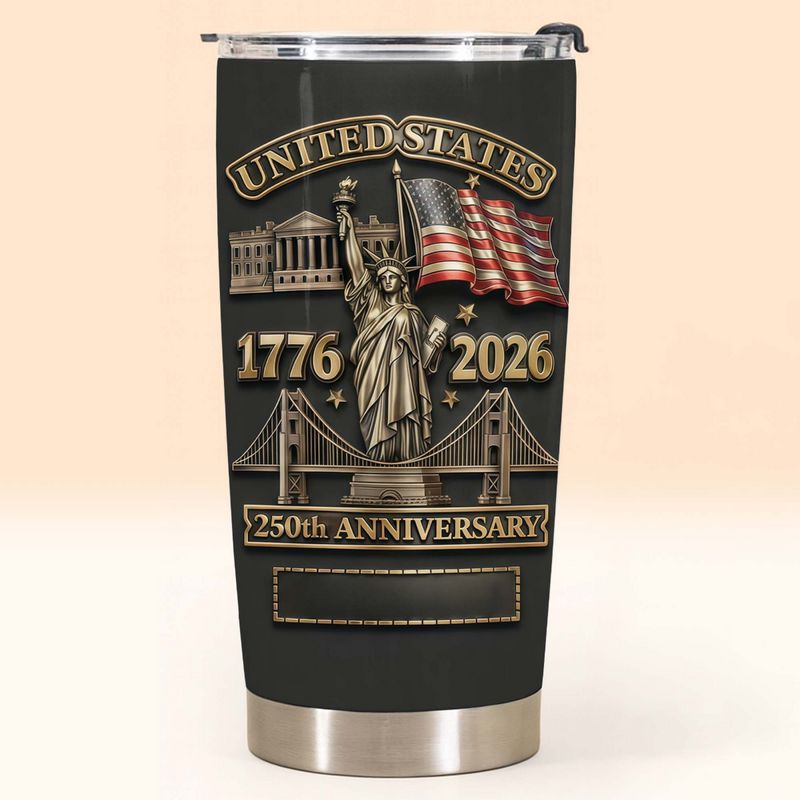 United States 250th Anniversary Tumbler 1776 2026 Semiquincentennial Patriotic Stainless Steel Drink on a hanger, ready to ship from Austin, Texas