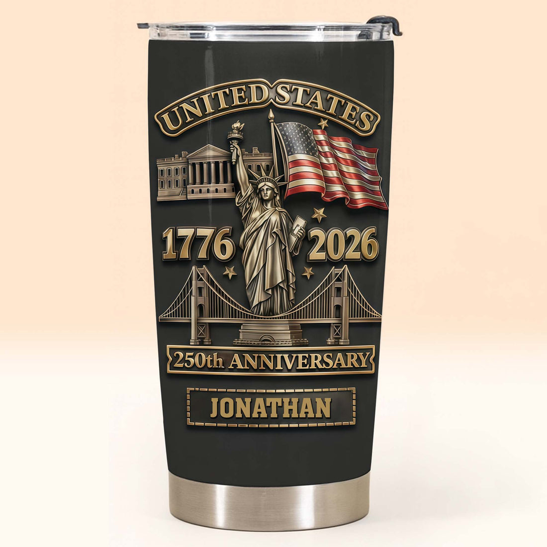Customer in Austin, Texas wearing United States 250th Anniversary Tumbler 1776 2026 Semiquincentennial Patriotic Stainless Steel Drink