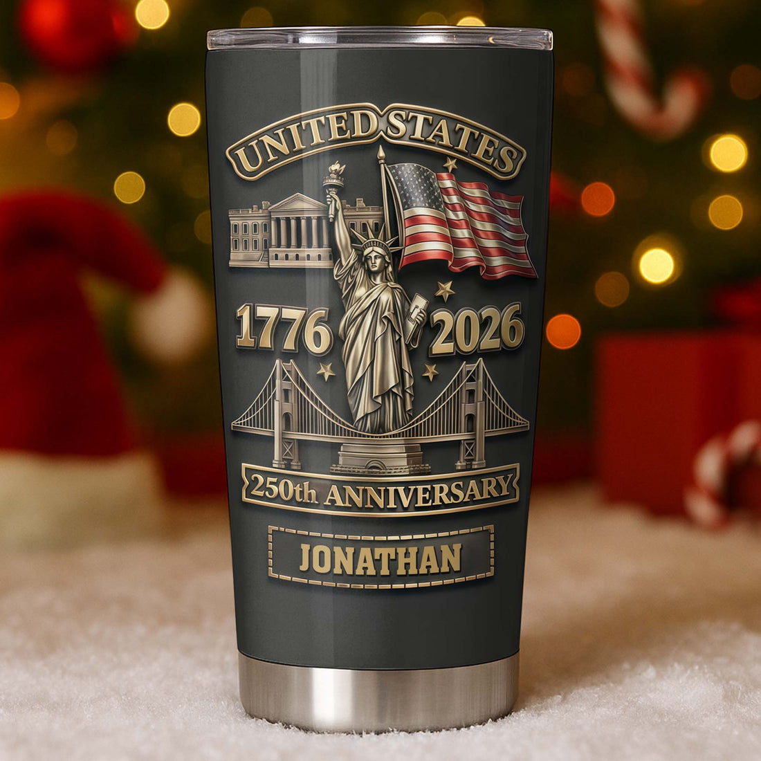 Close-up of United States 250th Anniversary Tumbler 1776 2026 Semiquincentennial Patriotic Stainless Steel Drink for streetwear fans in Austin, Texas