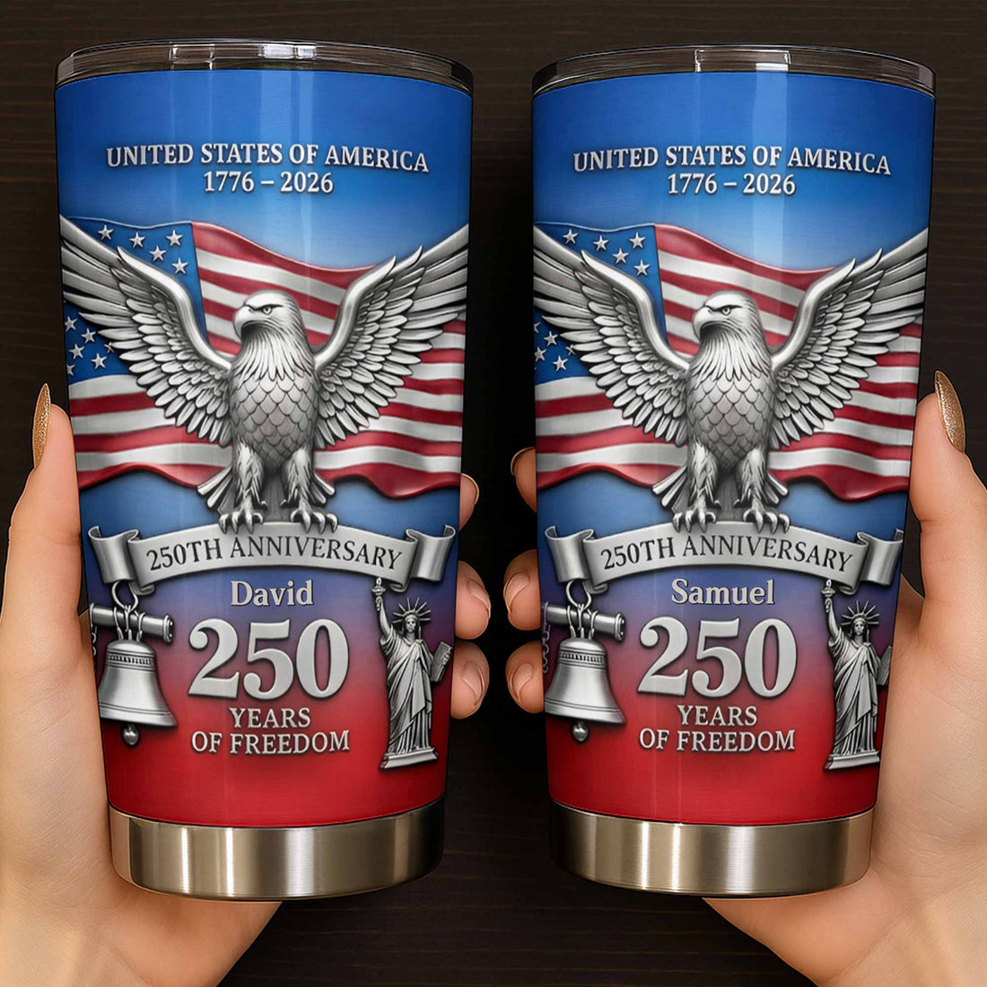 Customer in Austin, Texas wearing USA 250th Anniversary 1776-2026 Tumbler, 250 Years of Freedom Patriotic Stainless Steel Cup Gift