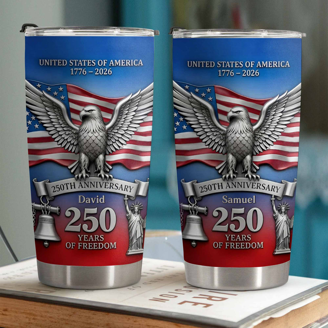 Close-up of USA 250th Anniversary 1776-2026 Tumbler, 250 Years of Freedom Patriotic Stainless Steel Cup Gift for streetwear fans in Austin, Texas