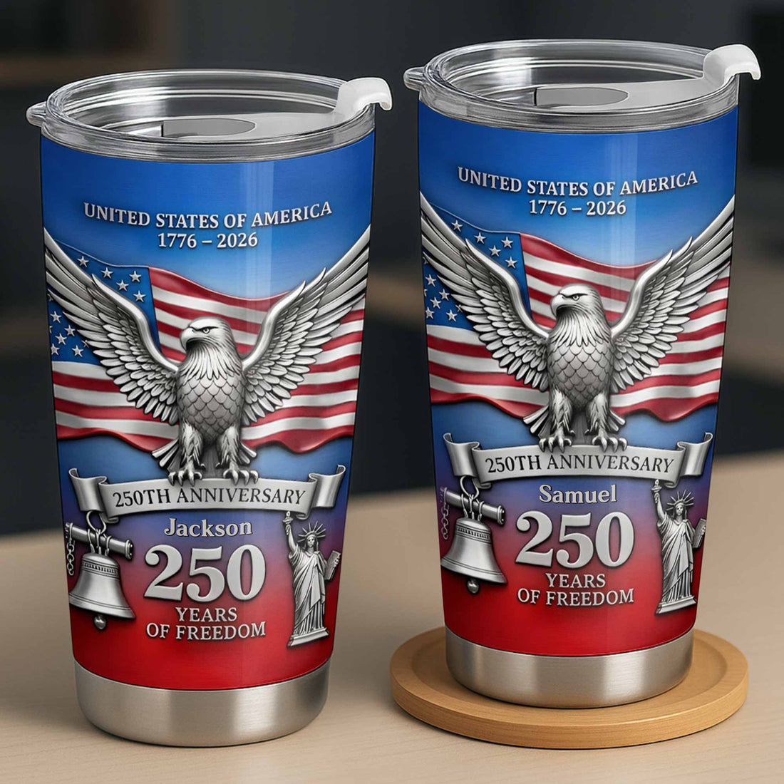 Close-up of USA 250th Anniversary 1776-2026 Tumbler, 250 Years of Freedom Patriotic Stainless Steel Cup Gift for streetwear fans in Austin, Texas