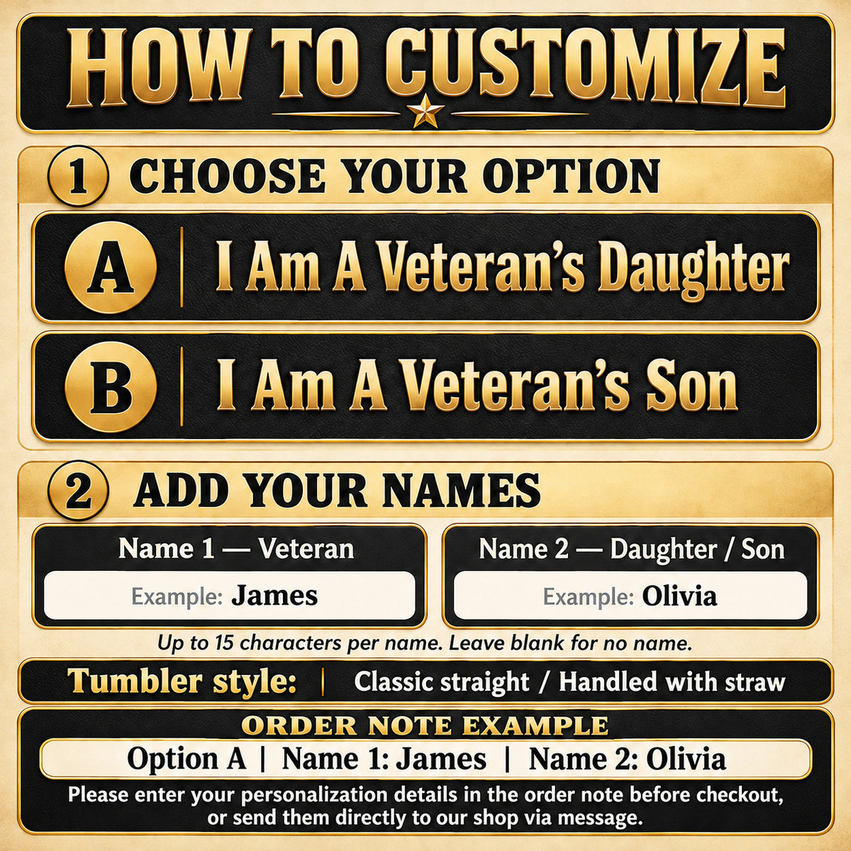 Personalized Veteran Daughter Son Tumbler Custom Two Names Gift - personalization options and ordering guide