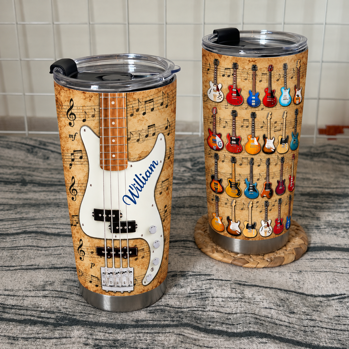 Two stainless steel cups showing a vintage bass guitar tumbler design and a pattern of colorful miniature guitars on a