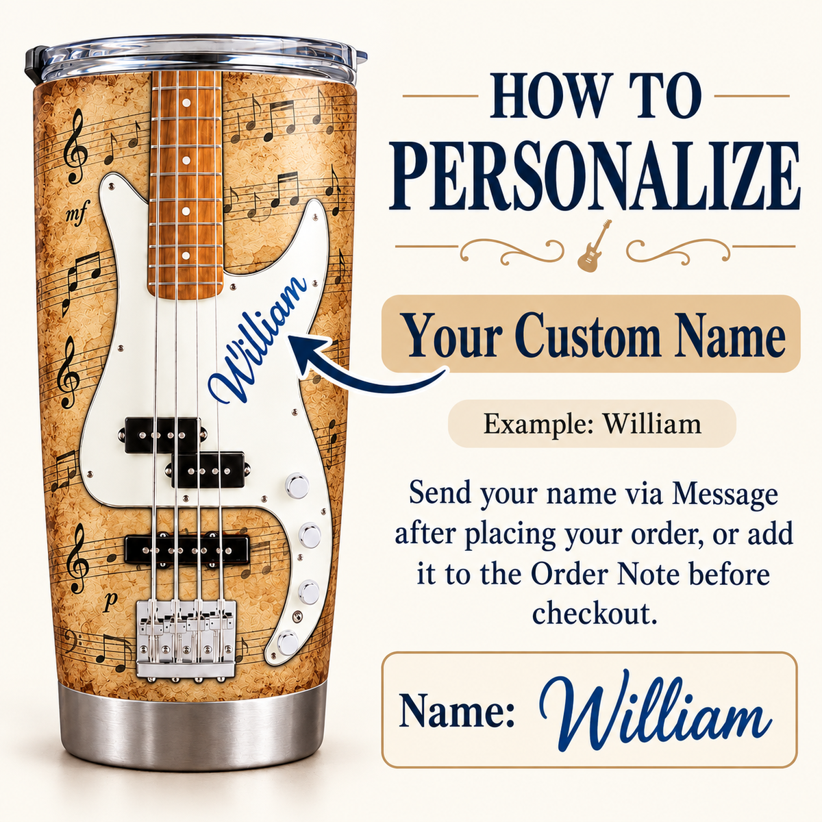 Instruction graphic explaining how to personalize the vintage guitar music sheet tumbler with a custom name example like