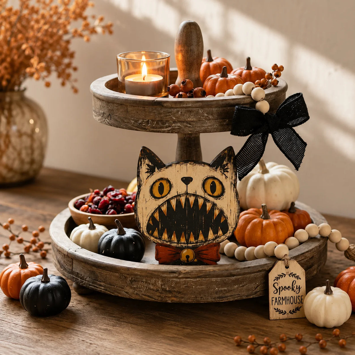 Vintage Halloween Black Cat Figurine Set Wooden Block Decor Spooky Cute Shelf Sitter