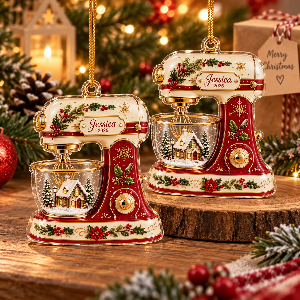 Customer in Austin, Texas wearing Vintage Stand Mixer Ornament Personalized Acrylic Christmas Tree Decor for Bakers