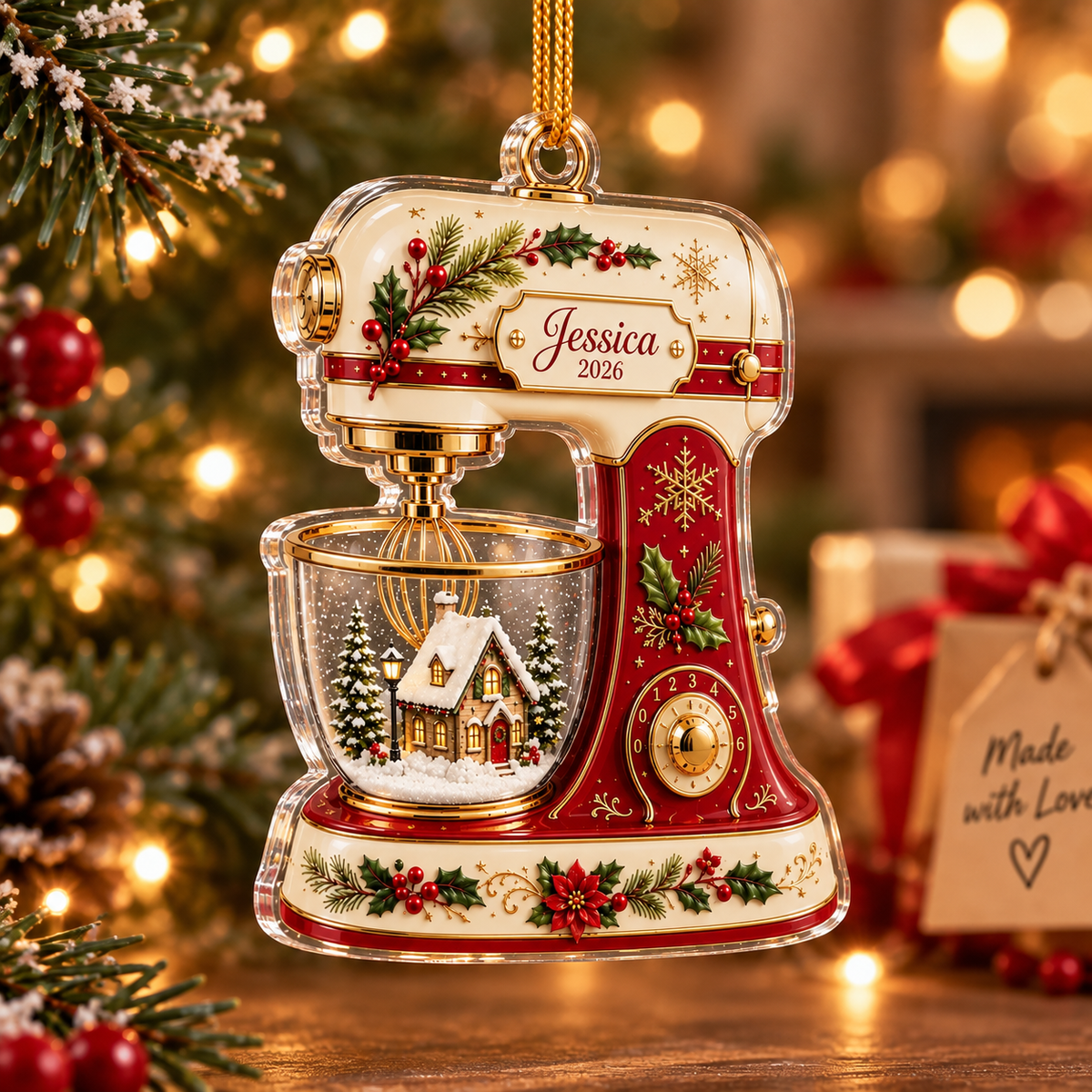Customer in Austin, Texas wearing Vintage Stand Mixer Ornament Personalized Acrylic Christmas Tree Decor for Bakers